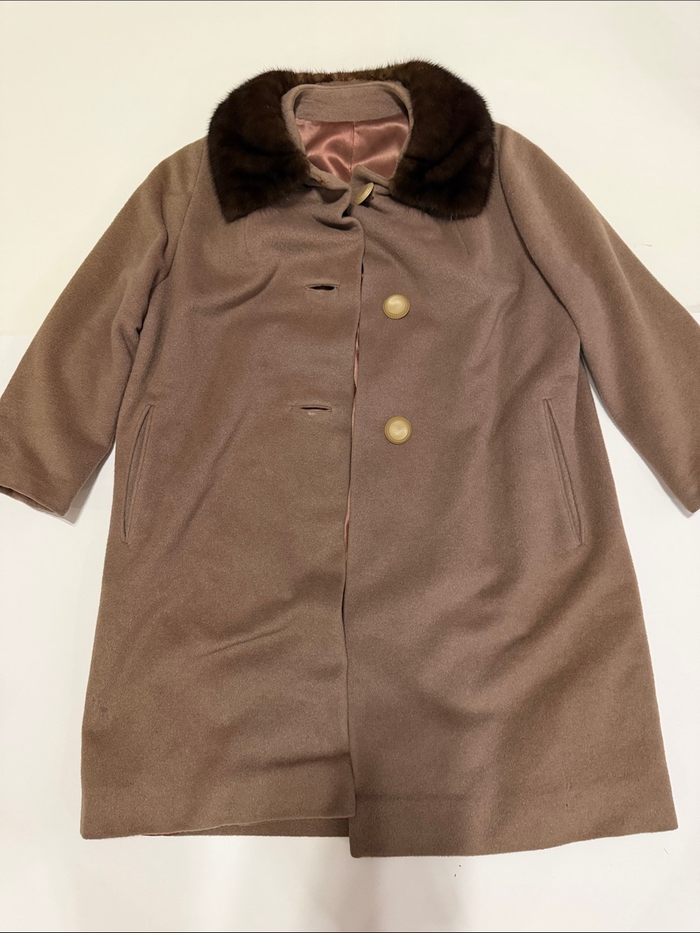 Vintage 1960/70’s Classic Taupe Coat with Fur Collar, ILGWU
